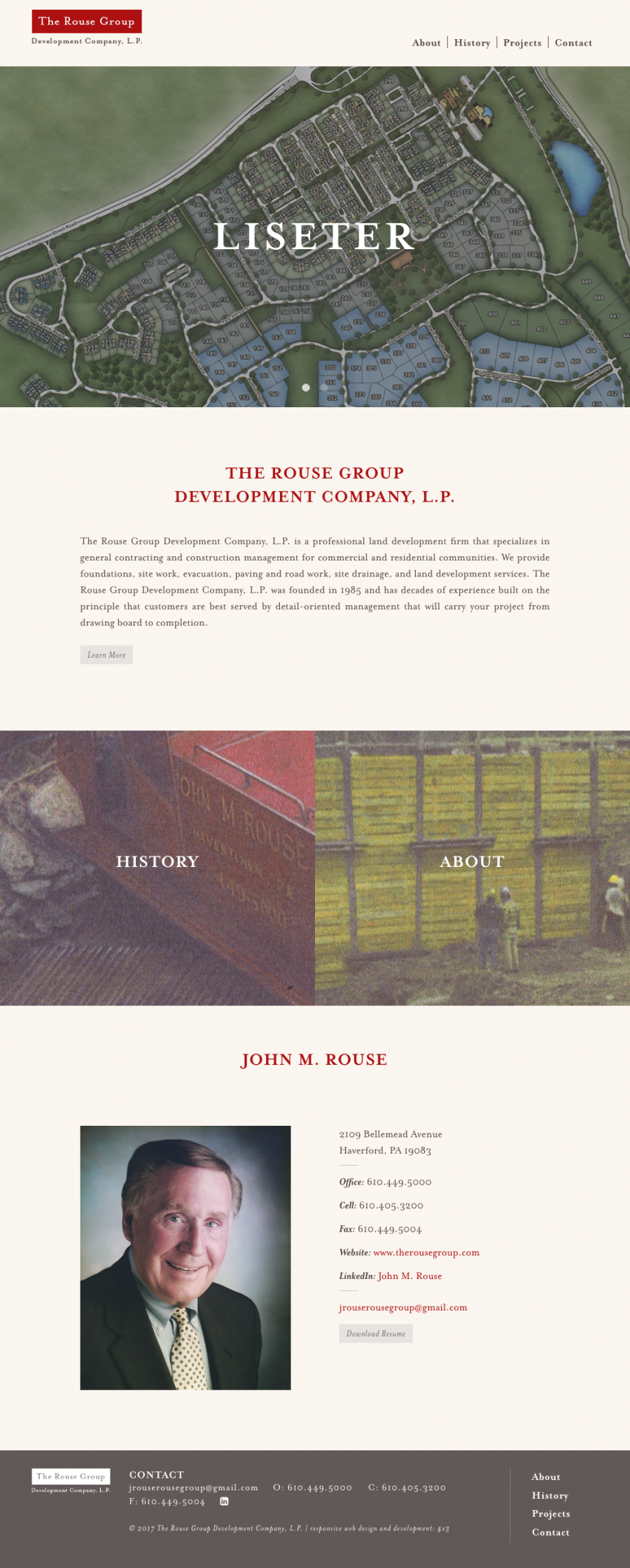 The Rouse Group Homepage, featuring company History and Projects